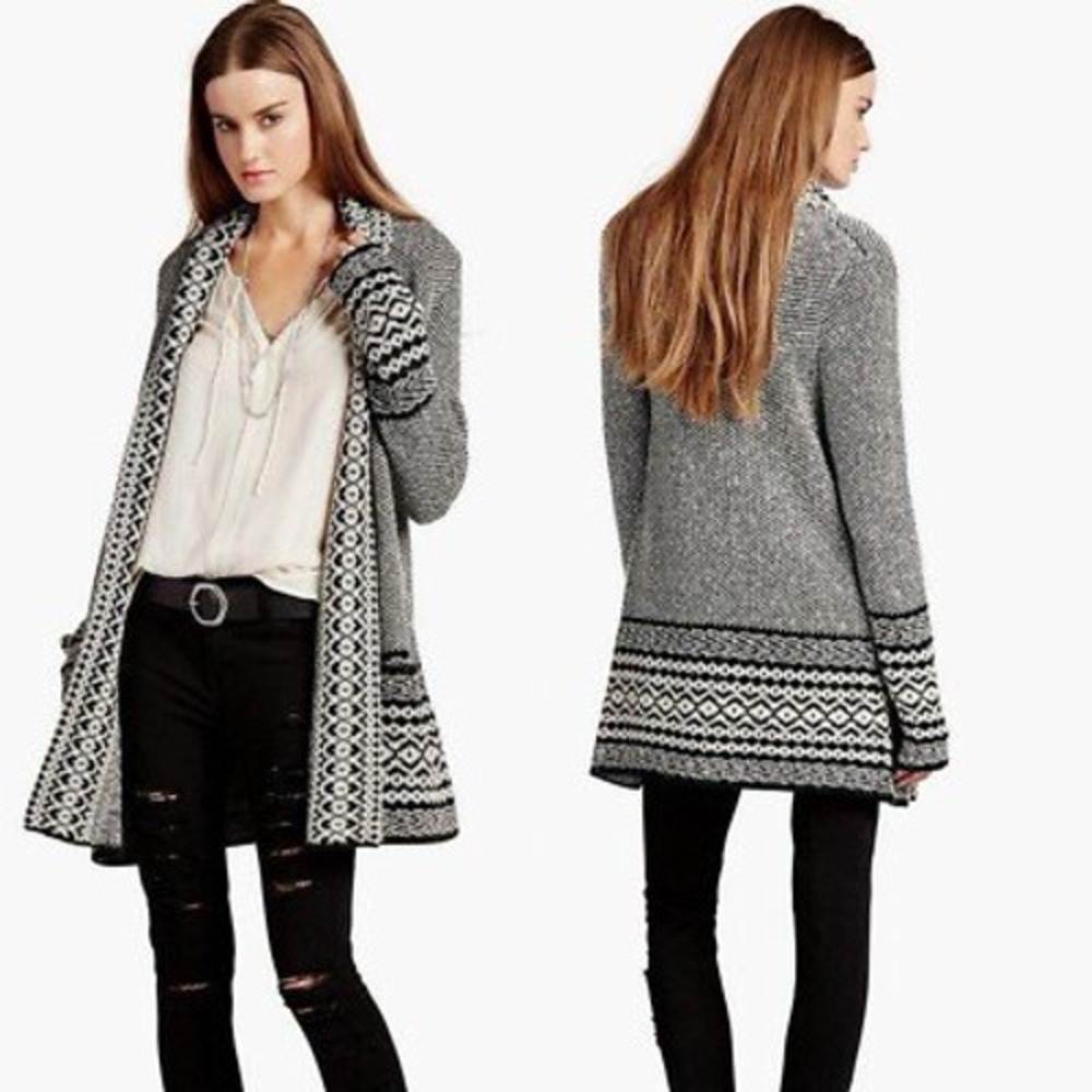 Lucky Brand Black White Geometric Open Front Cardigan Sweater 1X Pockets